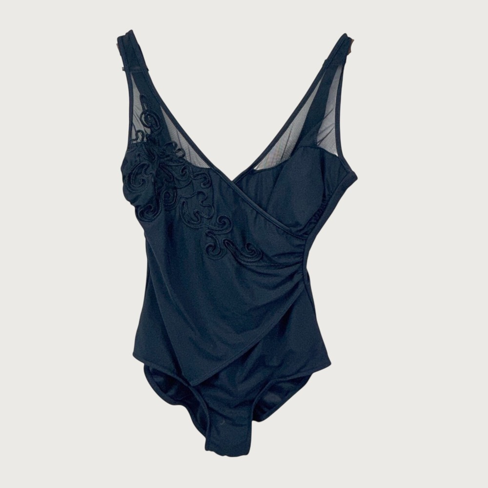 Carol Wior One Piece Swimsuit 12 Black Slimming Embroidered Underwire Unpadded